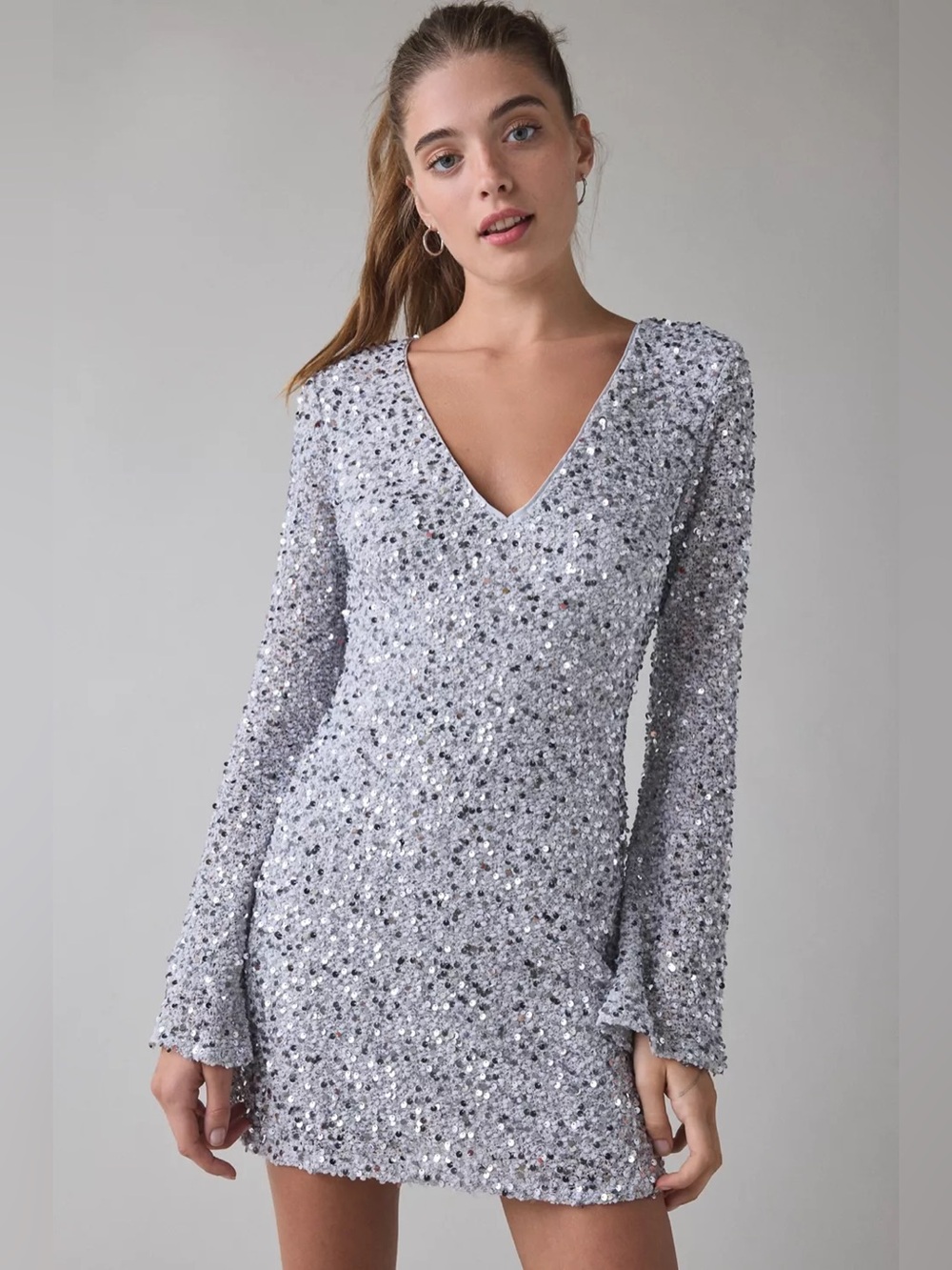 Urban Outfitters | That's Showbiz Open Back Bell Sleeve Sequin Mini Dress Silver